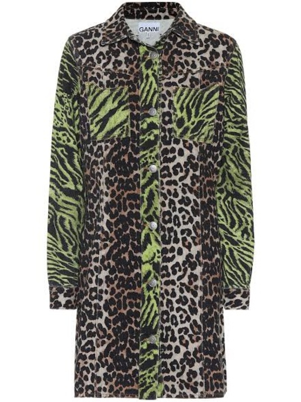 Ganni Green and Brown Leopard & Tiger Print Denim Shirt Dress
